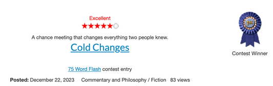 Cold Changes By Lisa Loucks-Christenson Wins First Place in 75 Word Flash Fiction Contest